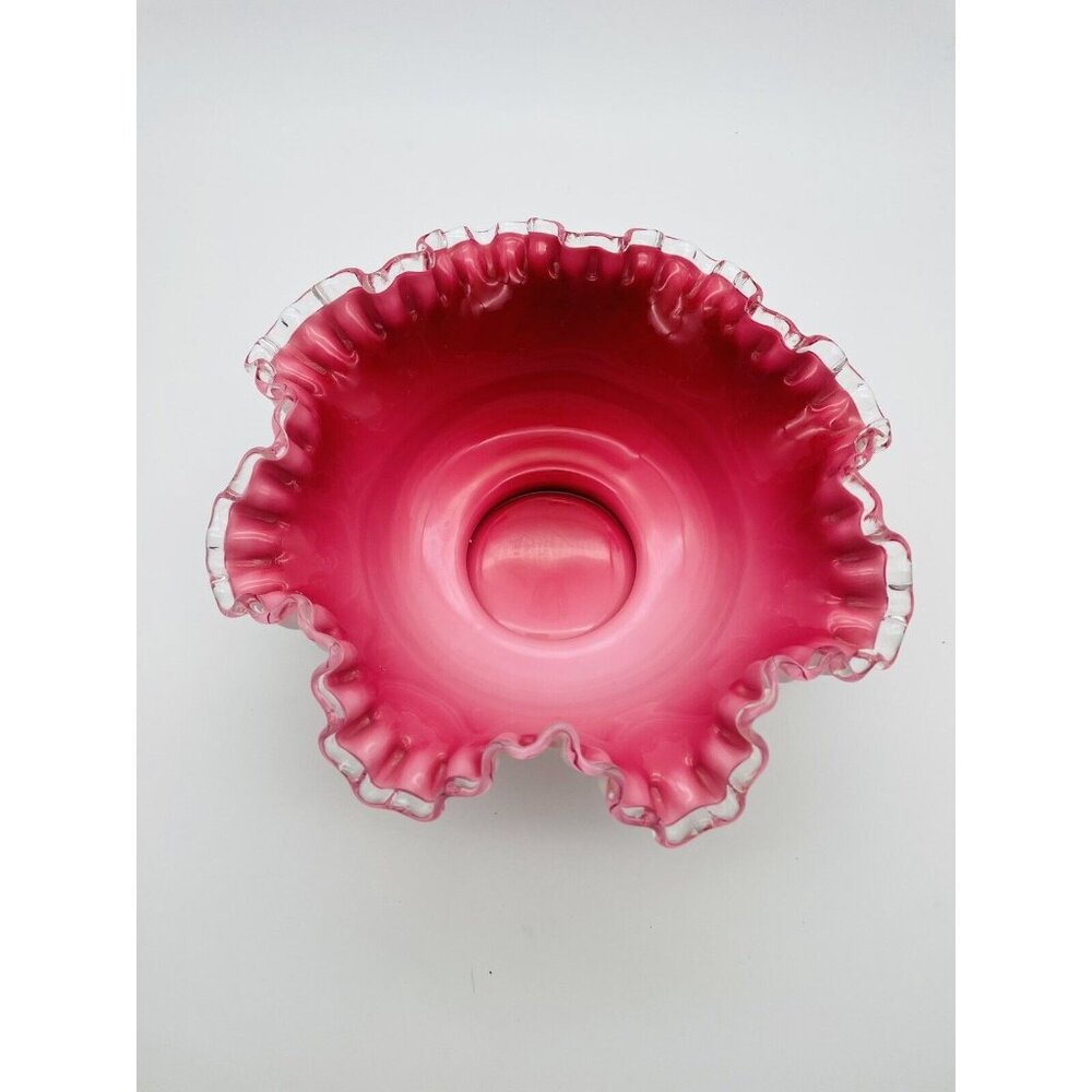 Fenton Cranberry Silver Crest Ruffle Crimped 10” Bowl